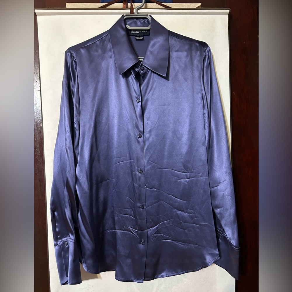 Vintage Jones New York 100% silk Dress blouse, Large, Purple Blue